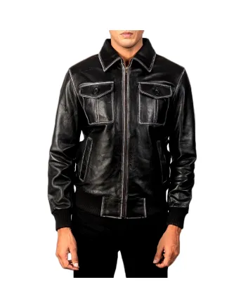 mens-onyx-black-leather-bomber-front-zipped-view