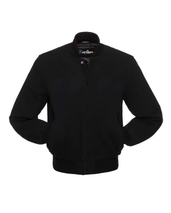 Midnight Classic Wool Varsity Jacket: Front view showcasing sleek, midnight-colored wool with contrasting stripes on cuffs and hem. Logo embroidered on the chest.