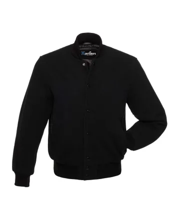 Midnight Classic Wool Varsity Jacket: Front view showcasing sleek, midnight-colored wool with contrasting stripes on cuffs and hem. Logo embroidered on the chest.