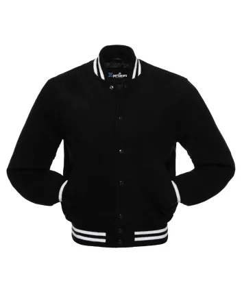 Midnight Monochrome Wool Varsity Jacket: Front view displaying the sleek, monochrome design with minimalistic accents and a focus on the embroidered logo.
