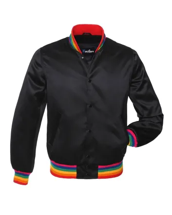 Midnight Rainbow Satin Bomber Jacket: Front view showcasing the sleek midnight-colored satin fabric with a gradient rainbow sheen, featuring ribbed cuffs and hem.