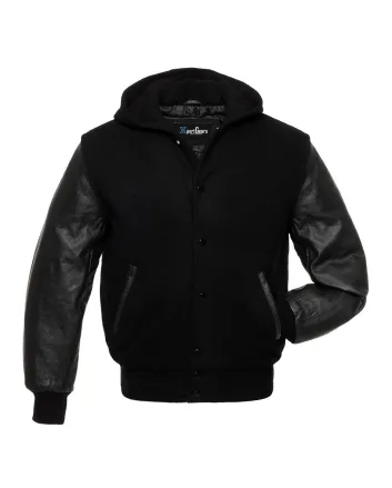 Front view of Midnight Run Black Wool Varsity Jacket showcasing ribbed cuffs and hem, button-up closure, and contrasting leather sleeves.