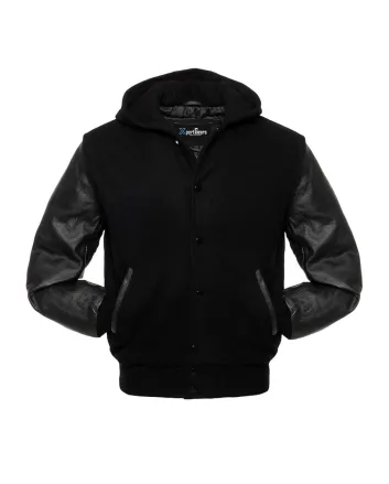 Front view of Midnight Run Black Wool Varsity Jacket showcasing ribbed cuffs and hem, button-up closure, and contrasting leather sleeves.