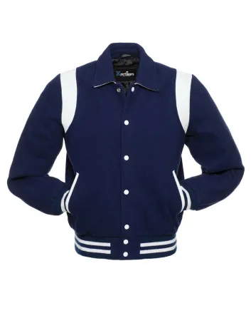 Navy Blue Retro Varsity Jacket with White Shoulder Inserts
