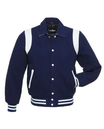 Navy Blue Retro Varsity Jacket with White Shoulder Inserts