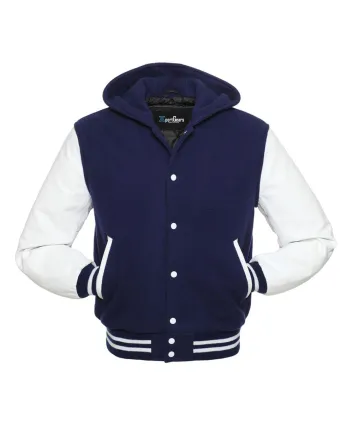 Front view of Navy Blue and White Varsity Jacket featuring a hoodie collar, navy blue wool body, and contrasting white leather sleeves.