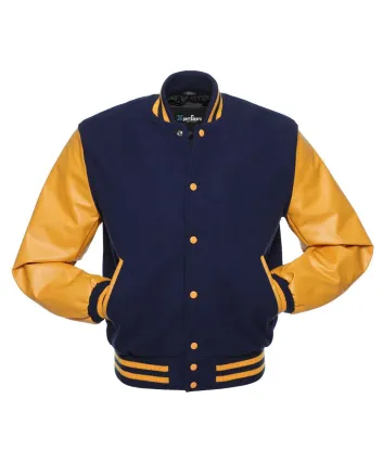 Navy Blue Wool American Varsity Jacket with Gold Vinyl Sleeves