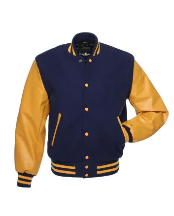 Navy Blue Wool American Varsity Jacket with Gold Vinyl Sleeves