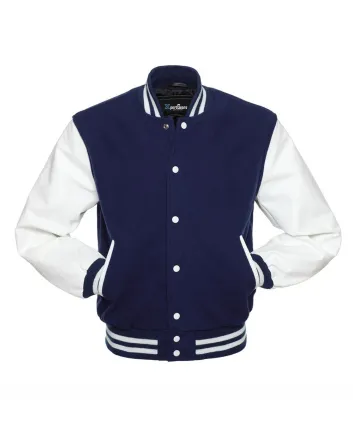 Navy Blue Wool American Varsity Jacket with White Vinyl Sleeves