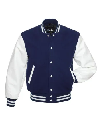 Navy Blue Wool American Varsity Jacket with White Vinyl Sleeves