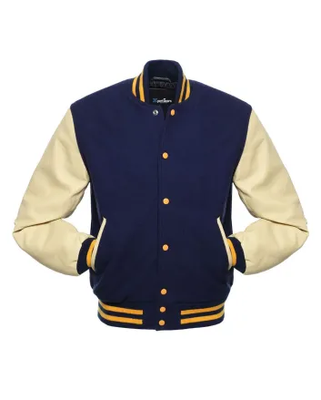 Navy Blue Wool Body American Varsity Jacket with Cream Leather Sleeves