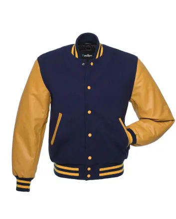 Navy Blue Wool Body American Varsity Jacket with Gold Leather Sleeves