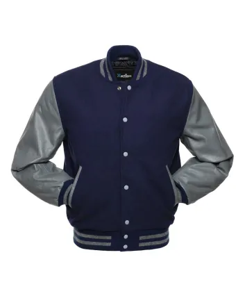 Navy Blue Wool and Grey Cowhide Leather American Varsity Jacket