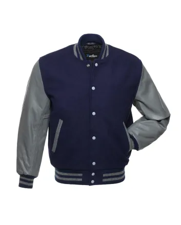 Navy Blue Wool and Grey Cowhide Leather American Varsity Jacket
