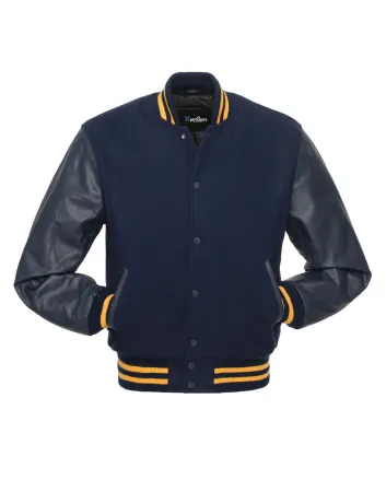 Navy Blue Wool and Navy Blue Cowhide Leather American Varsity Jacket