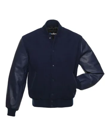 Navy Blue Wool and Navy Blue Cowhide Leather American Varsity Jacket