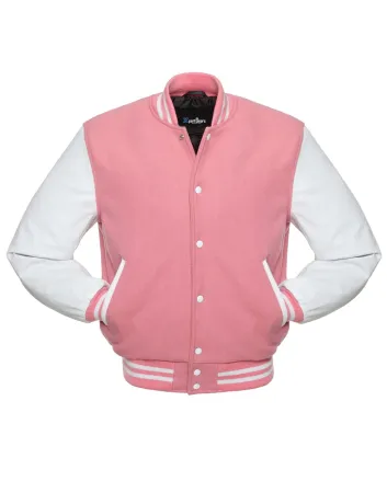 Pink Wool and White Cowhide Leather American Varsity Jacket