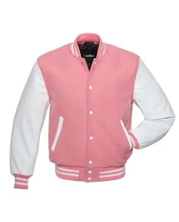 Pink Wool and White Cowhide Leather American Varsity Jacket