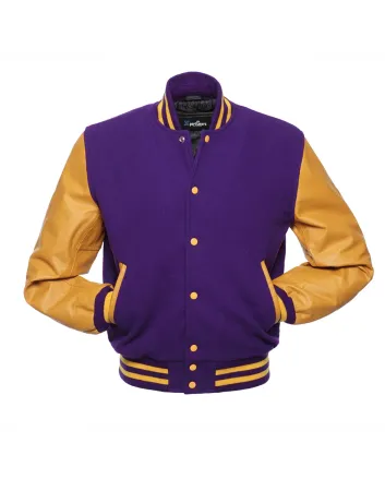 Purple Wool Body American Varsity Jacket with Gold Leather Sleeves