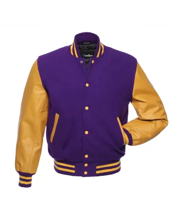Purple Wool Body American Varsity Jacket with Gold Leather Sleeves