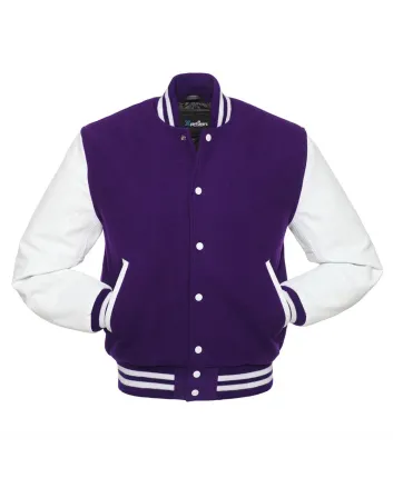 Purple Wool Body American Varsity Jacket with White Leather Sleeves
