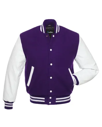 Purple Wool Body American Varsity Jacket with White Leather Sleeves