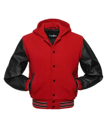 Front view of Red and Black Varsity Jacket featuring a hoodie collar, vibrant red wool body, and sleek black leather sleeves.