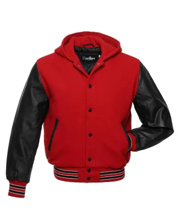 Front view of Red and Black Varsity Jacket featuring a hoodie collar, vibrant red wool body, and sleek black leather sleeves.