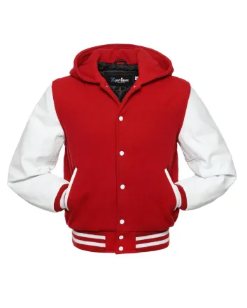 Front view of Red and White Varsity Jacket featuring a hoodie collar, red wool body, and contrasting white leather sleeves.