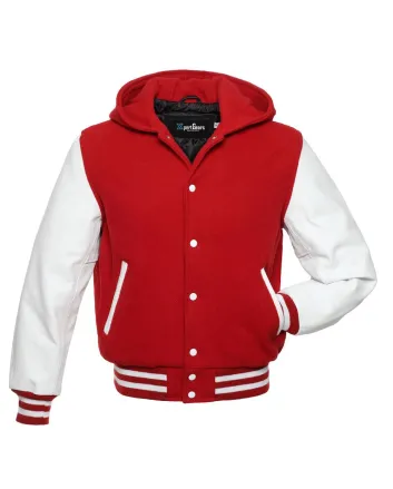 Front view of Red and White Varsity Jacket featuring a hoodie collar, red wool body, and contrasting white leather sleeves.