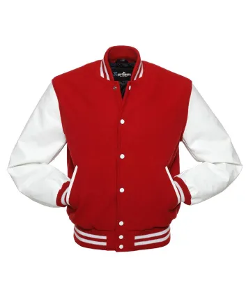 Red Wool American varsity jacket with White Vinyl Sleeves