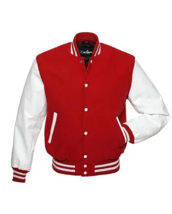 Red Wool American varsity jacket with White Vinyl Sleeves