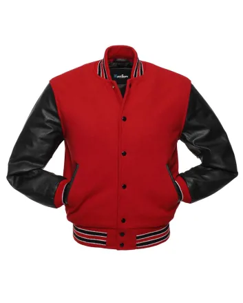 Red Wool Body American Varsity Jacket with Black Leather Sleeves
