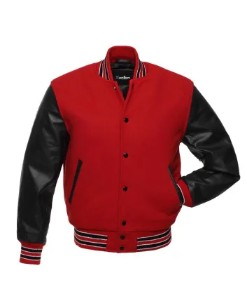 Red Wool Body American Varsity Jacket with Black Leather Sleeves