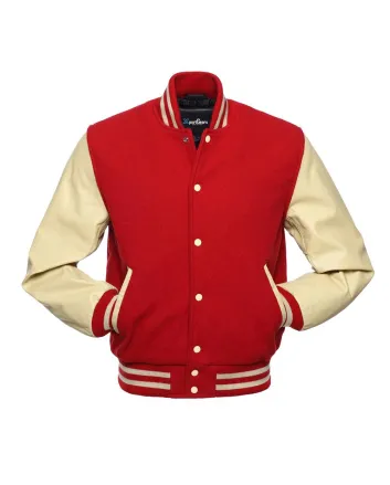 Red Wool and Cream Cowhide Leather American Varsity Jacket