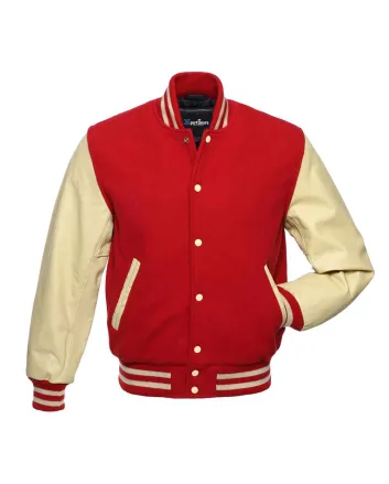 Red Wool and Cream Cowhide Leather American Varsity Jacket