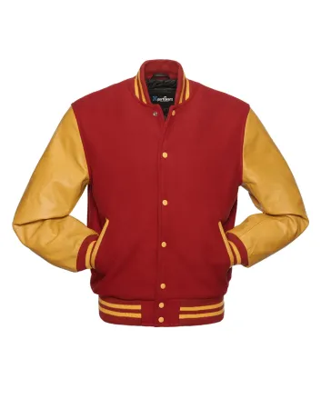 Red Wool and Gold Cowhide Leather American Varsity Jacket - Front View