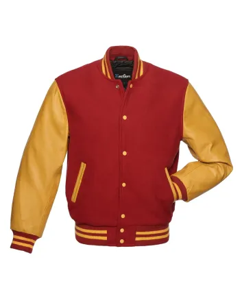 Red Wool and Gold Cowhide Leather American Varsity Jacket - Front View