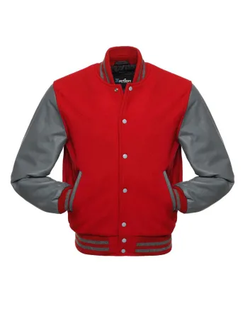 Red Wool and Grey Cowhide Leather American Varsity Jacket 