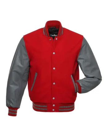 Red Wool and Grey Cowhide Leather American Varsity Jacket 
