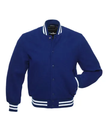 Regal Blue Classic Wool Varsity Jacket: Front view showcasing the deep regal blue wool, highlighted by contrasting stripes on cuffs and hem, featuring an embroidered logo on the chest.