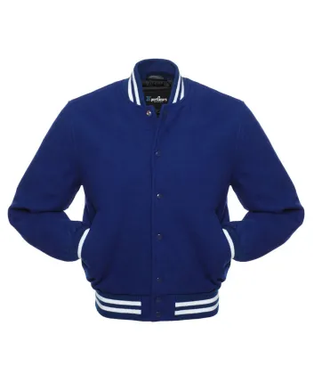 Regal Blue Classic Wool Varsity Jacket: Front view showcasing the deep regal blue wool, highlighted by contrasting stripes on cuffs and hem, featuring an embroidered logo on the chest.