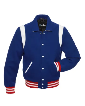 Royal Blue Retro Varsity Jacket with White Shoulder Inserts