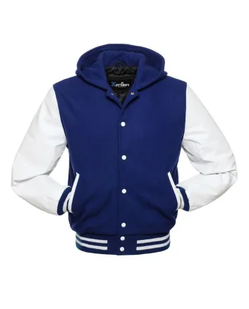 Front view of Royal Blue and White Varsity Jacket featuring a hoodie collar, royal blue wool body, and contrasting white leather sleeves.