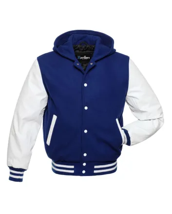 Front view of Royal Blue and White Varsity Jacket featuring a hoodie collar, royal blue wool body, and contrasting white leather sleeves.