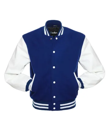 Royal Blue Wool American Varsity Jacket with White Vinyl Sleeves 