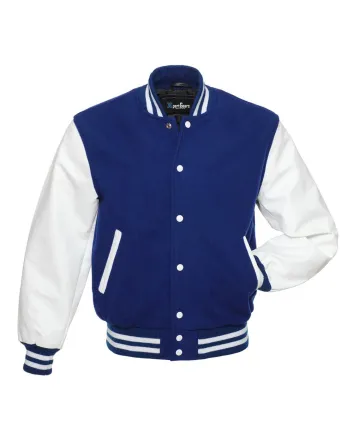 Royal Blue Wool American Varsity Jacket with White Vinyl Sleeves 