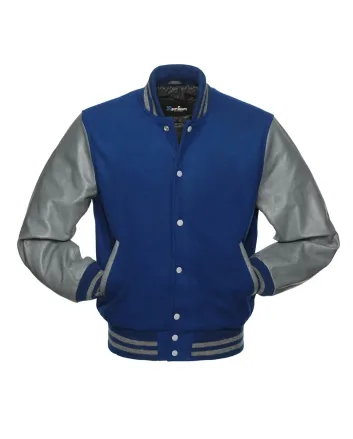 Royal Blue Wool Body American Varsity Jacket with Grey Leather Sleeves