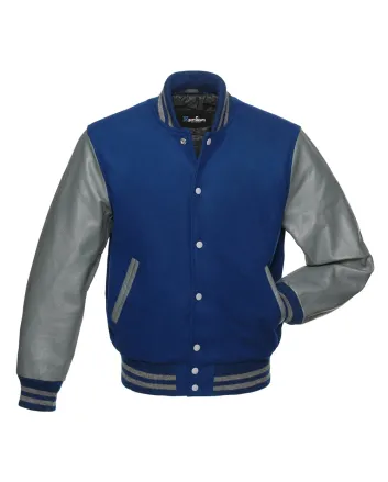 Royal Blue Wool Body American Varsity Jacket with Grey Leather Sleeves