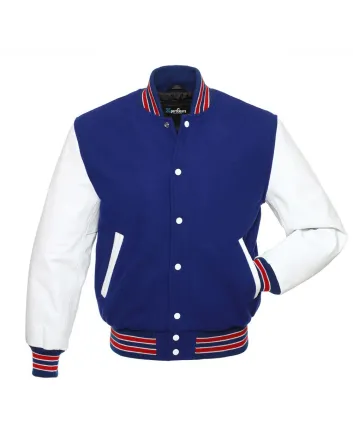 Royal Blue Wool Body American Varsity Jacket with White Leather Sleeves